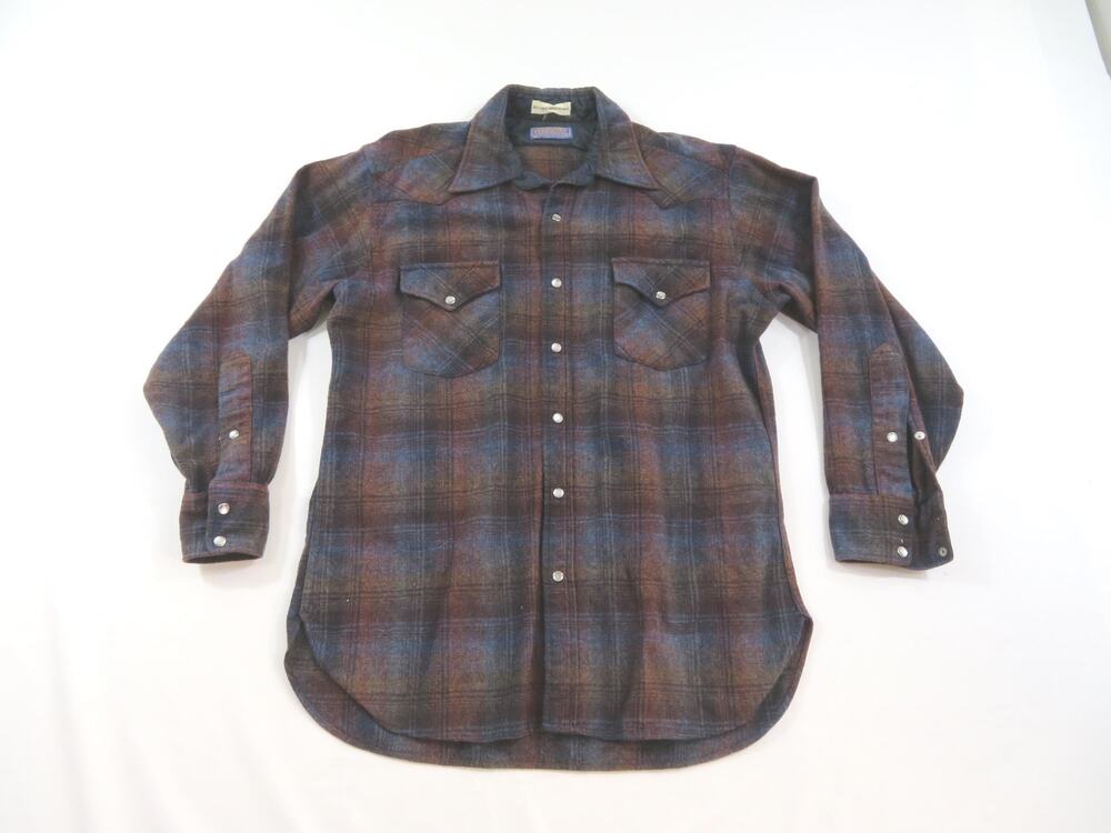 Pendleton High Grade Western Wear Shirt Pearl Snap Wool Flannel Red Blue Sz M-L?